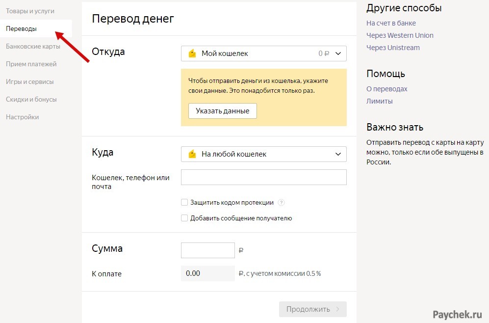Электронные переводы в кошельке ЯндексДеньги