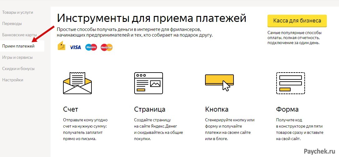 Прием платежей в электронном кошельке ЯндексДеньги