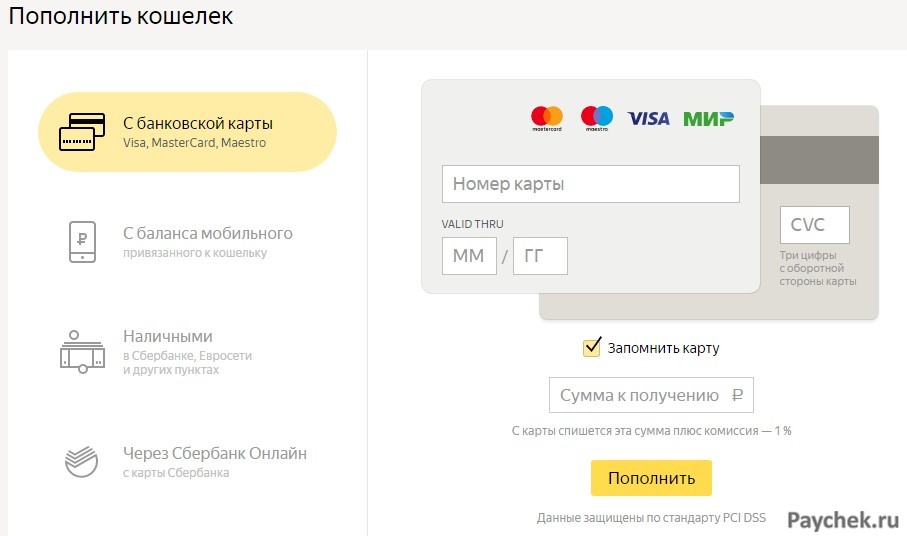 Пополнение Яндекс Кошелька с с банковской карты